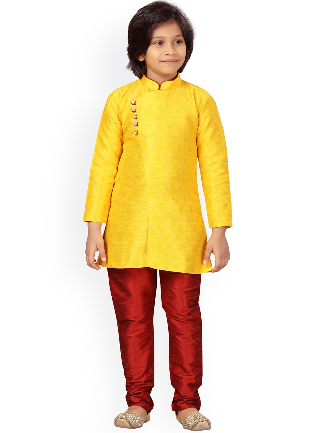 

LITTLE MAFIA BY Aarika Boys Yellow Layered Pure Silk Top with Pyjamas