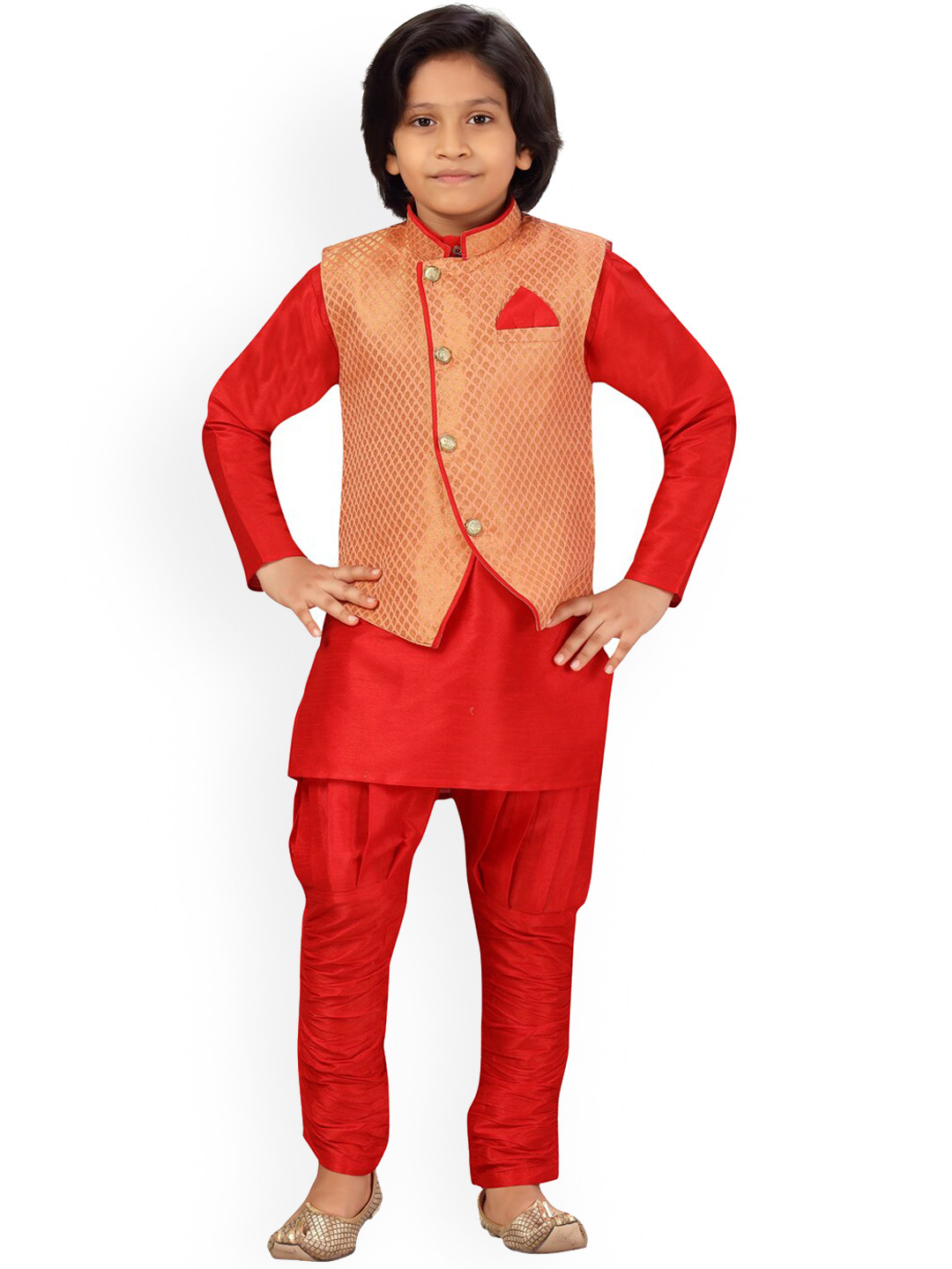 

LITTLE MAFIA BY Aarika Boys Red & Peach Pure Silk Kurta Pyjamas with Jacket
