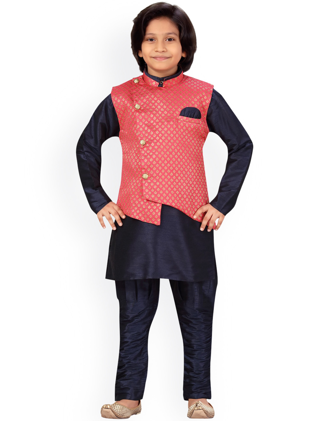 

LITTLE MAFIA BY Aarika Boys Navy Blue Regular Pure Silk Kurta with Trousers