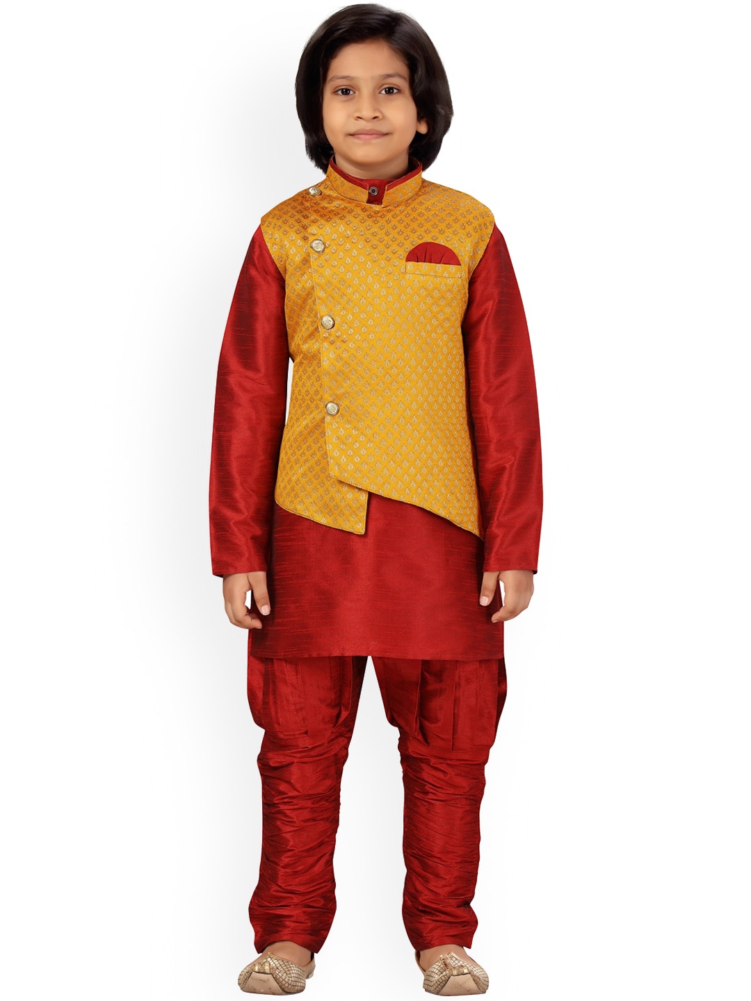 

LITTLE MAFIA BY Aarika Boys Yellow & Red Pure Silk Kurta Pyjamas with Jacket