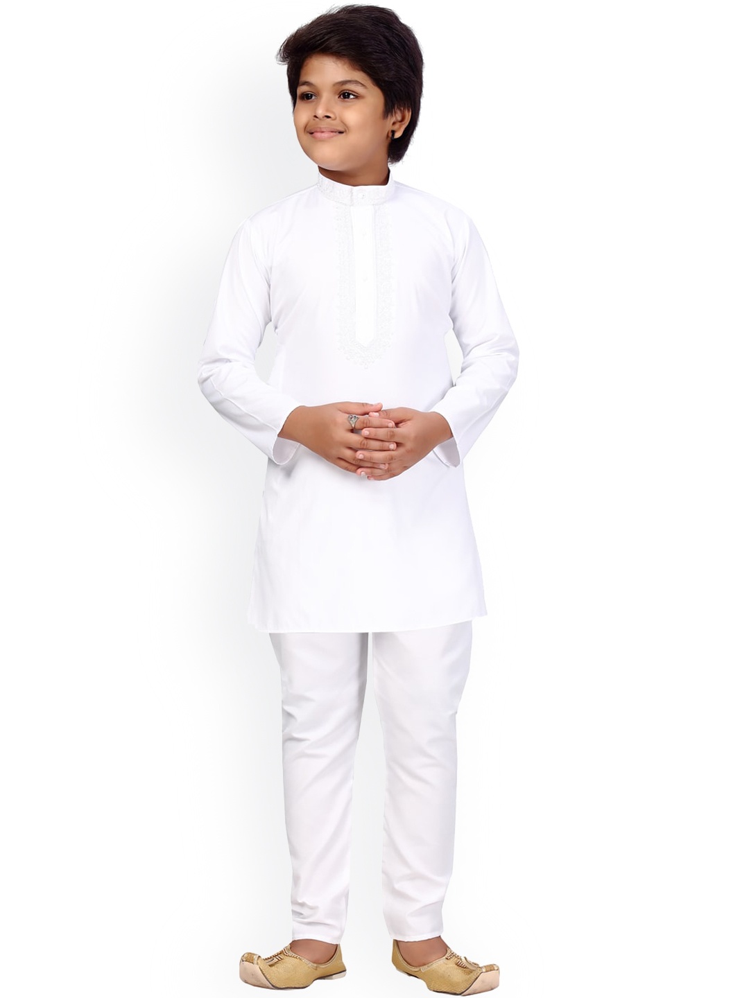 

LITTLE MAFIA BY Aarika Boys White Angrakha Pure Cotton Kurta with Pyjamas