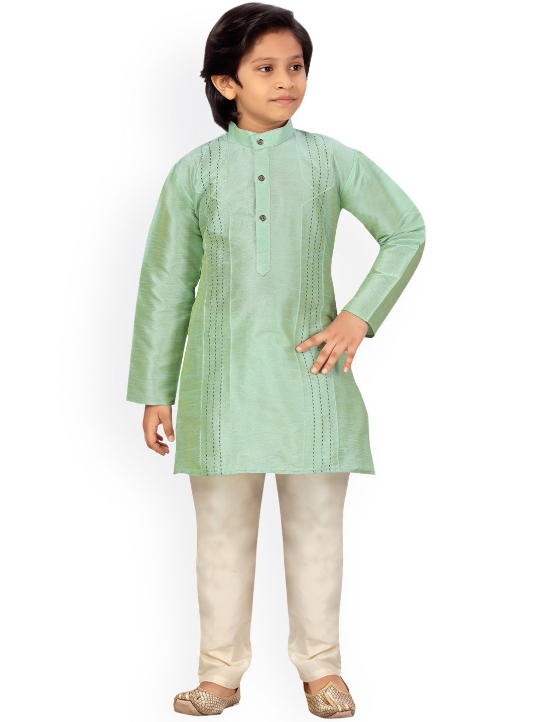 

LITTLE MAFIA BY Aarika Boys Green & Cream-Coloured Pure Silk Kurta with Pyjamas