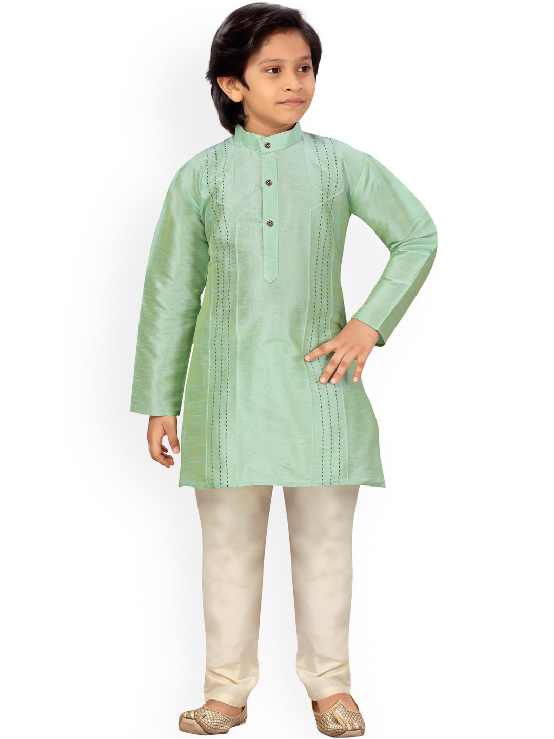 

LITTLE MAFIA BY Aarika Boys Green Striped Regular Pure Silk Kurta with Pyjamas