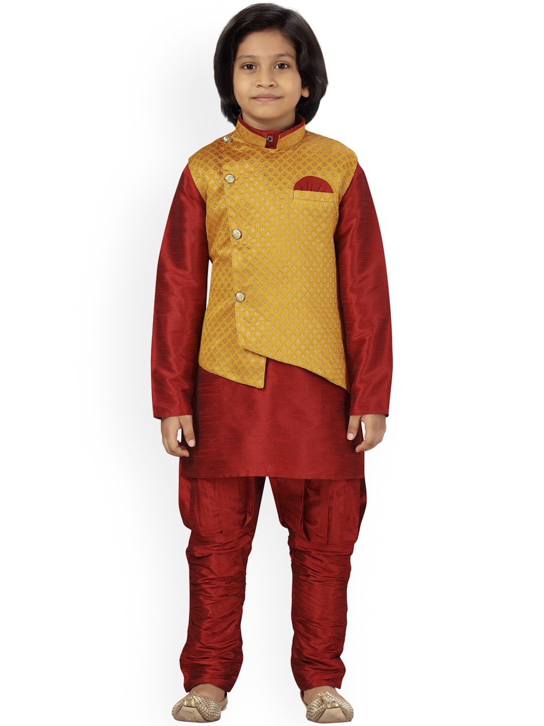 

LITTLE MAFIA BY Aarika Boys Yellow & Red Pure Silk Kurta with Pyjamas & Nehru Jacket