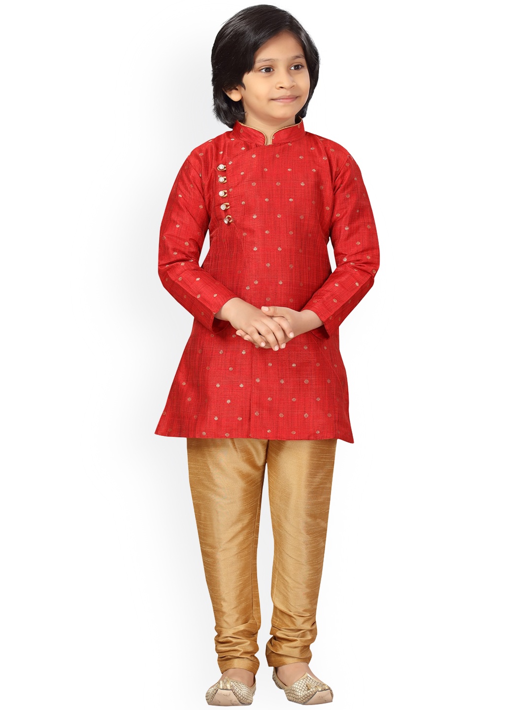 

LITTLE MAFIA BY Aarika Boys Maroon Ethnic Motifs Embroidered Angrakha Pure Silk Kurta with Pyjamas