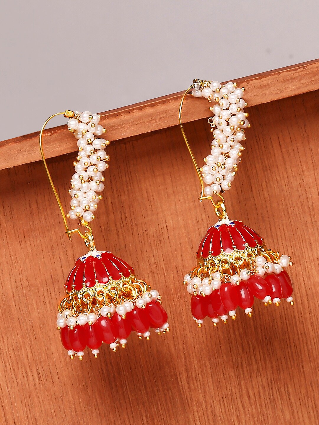 

OOMPH Red Meenakari Enamel Shaped Jhumkas Earrings