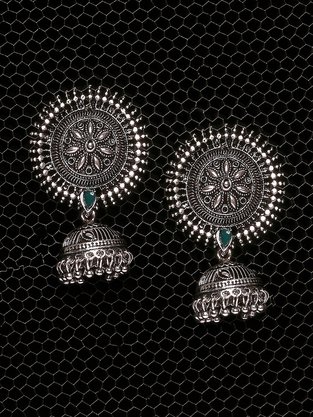 

OOMPH Silver-Toned & Green Oxidised Dome Shaped Jhumkas