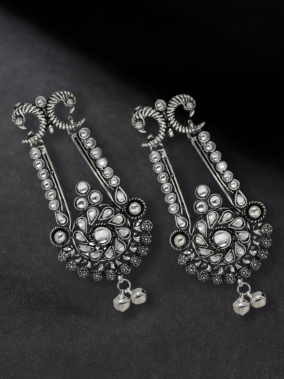 

OOMPH Silver-Toned & White Oxidised Peacock Shaped Drop Earrings