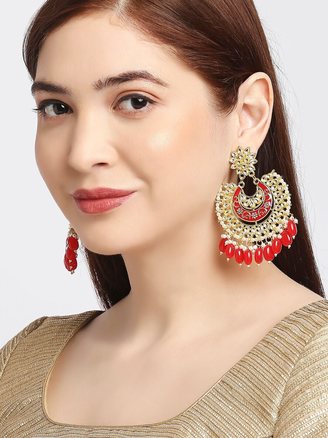 

OOMPH Red Meenakari Enamel with Kundan and Pearls Chandbalis Earrings