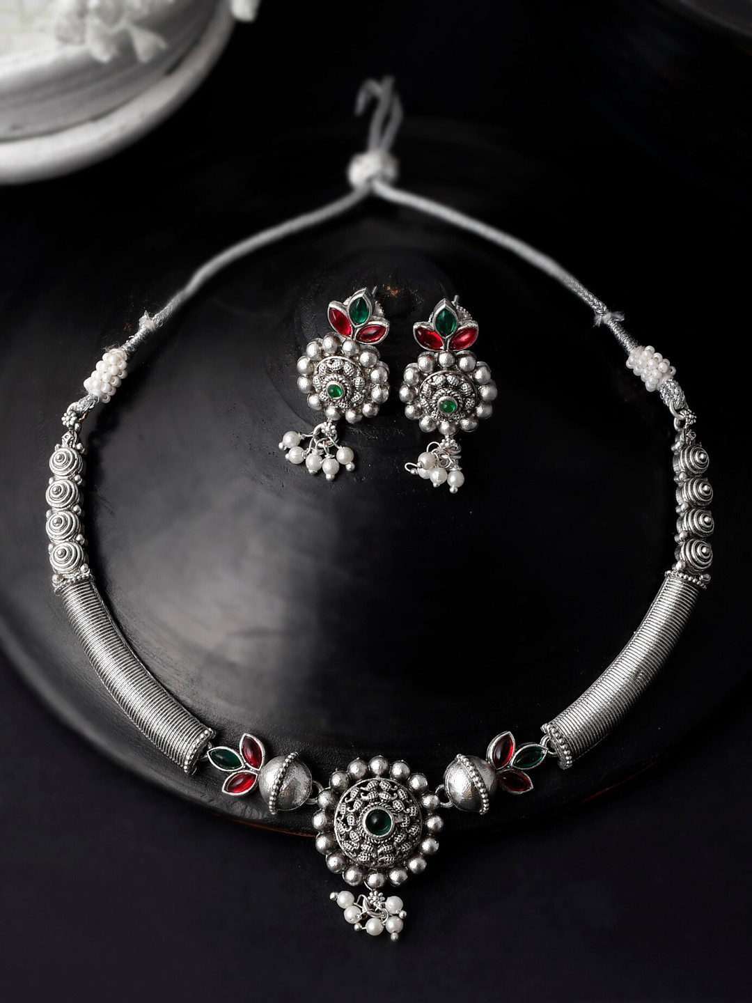 

Fabstreet Silver-Plated & Red Stone-Studded & Beaded Kolhapuri Jewellery Set