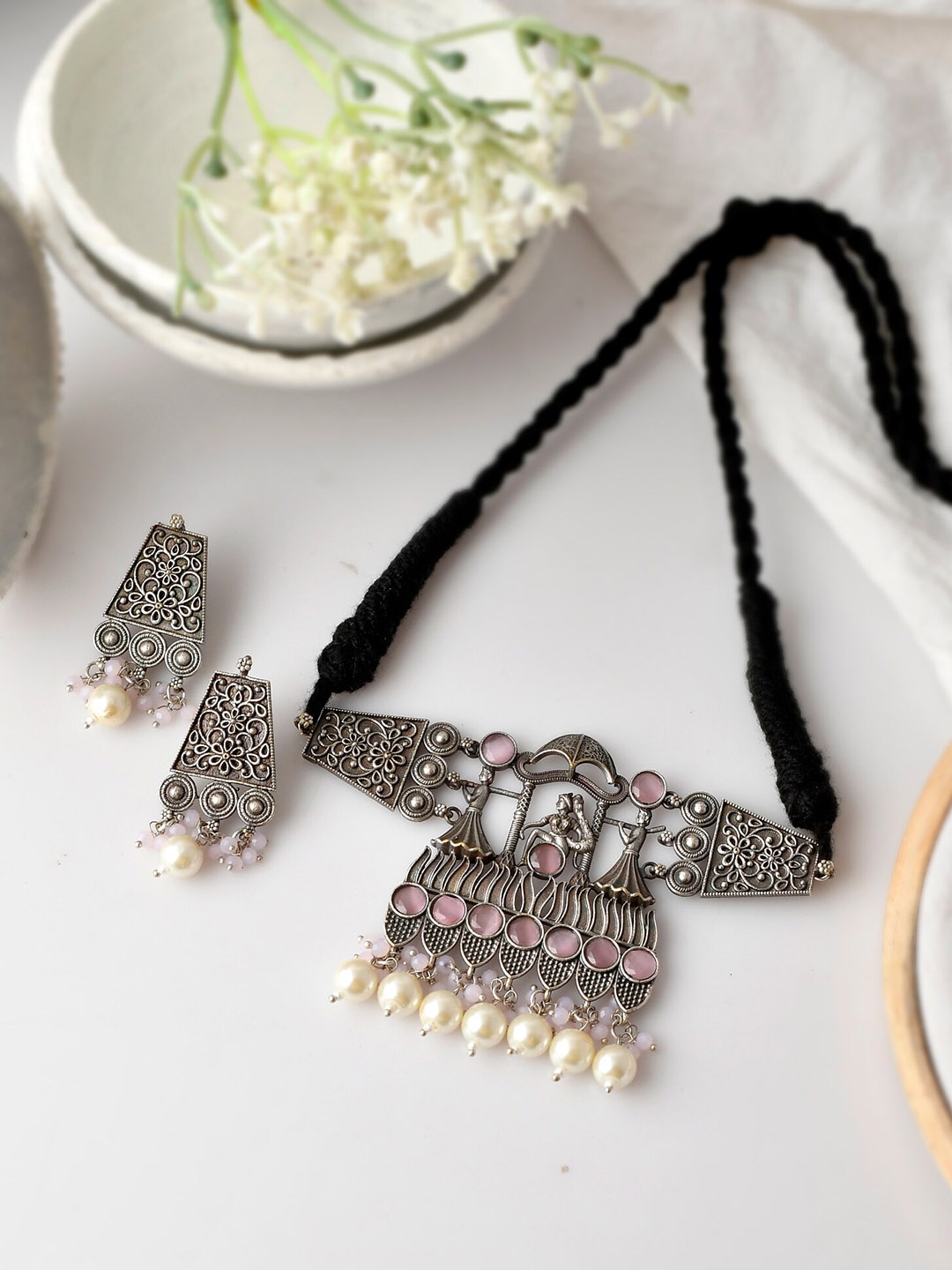 

Fabstreet Silver-Plated Pink & White Semi Precious Stone Studded Oxidised Jewellery Set