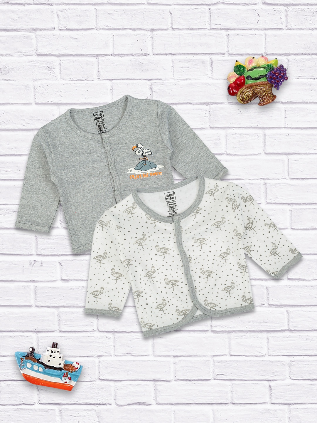 

MeeMee Kids Pack of 2 Printed Full Sleeve Jabla, Grey