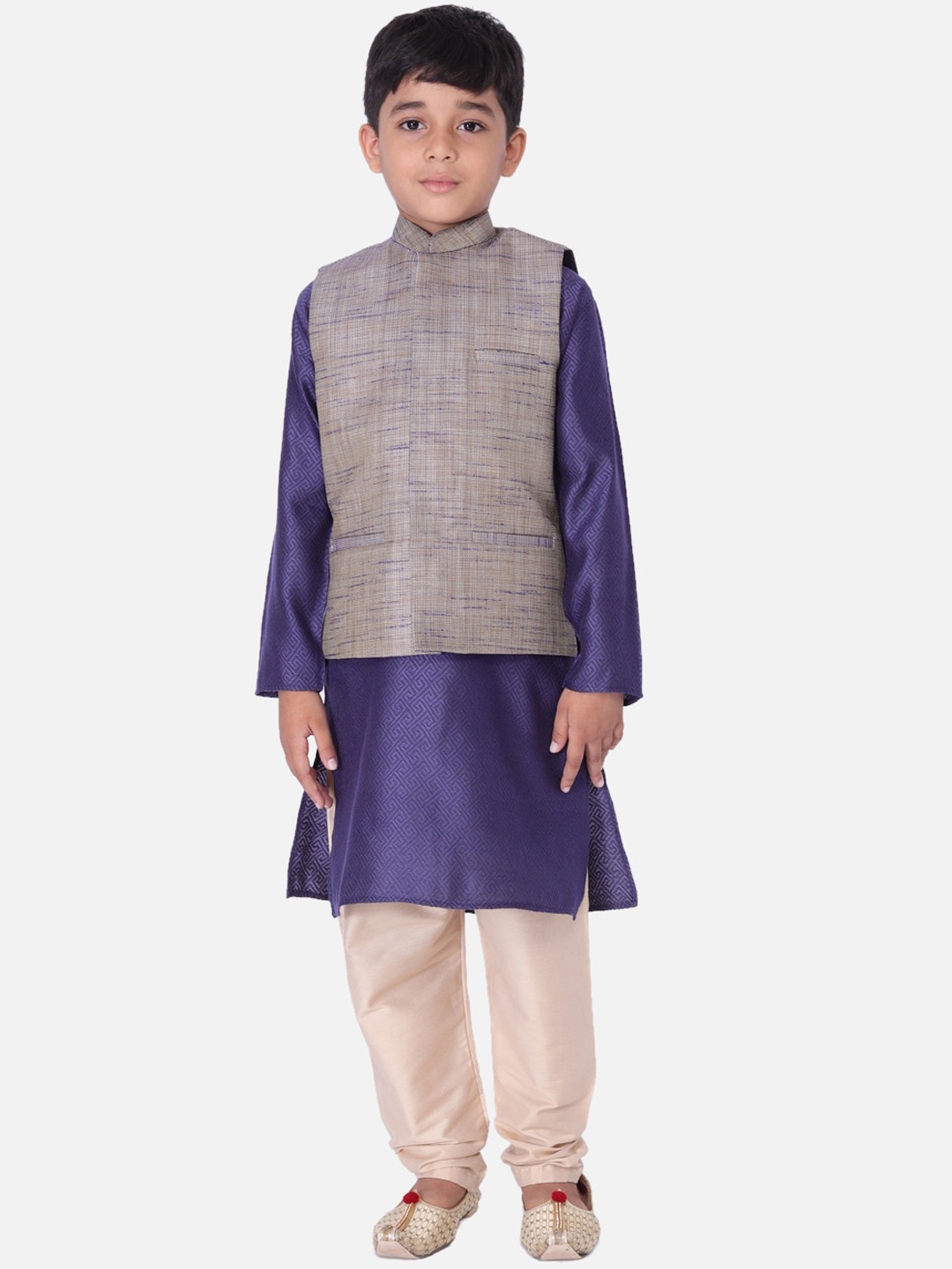 

TABARD Boys Blue & Beige Layered Pure Cotton Kurta with Churidar With Nehru Jacket