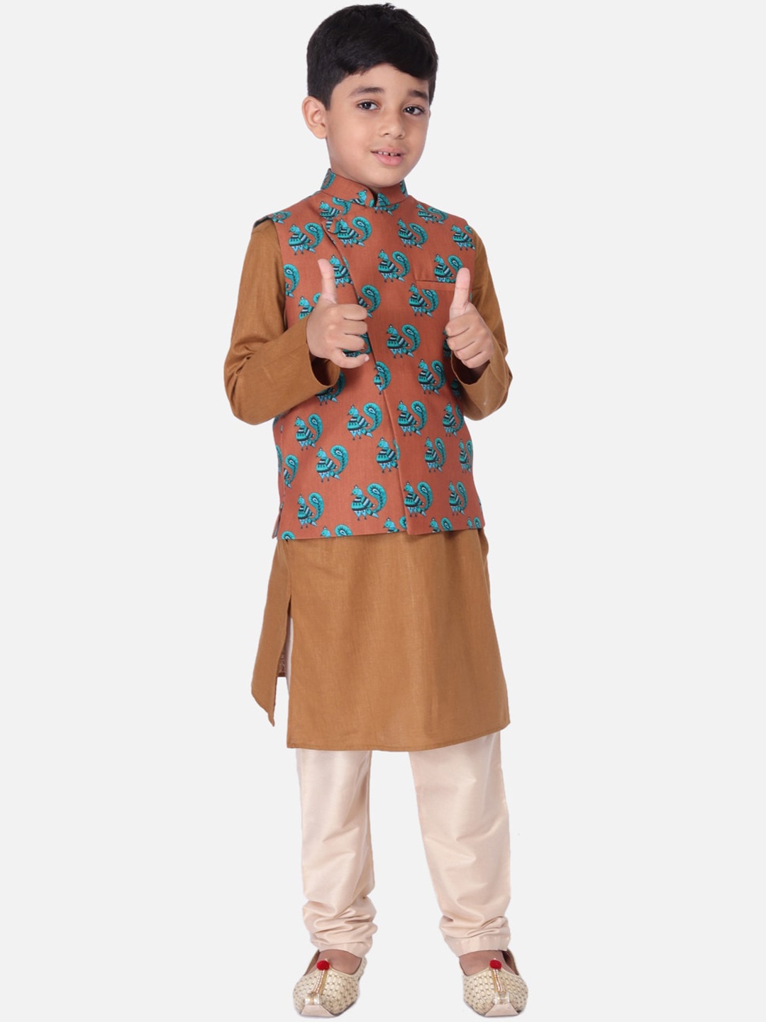 

TABARD Boys Brown Regular Pure Cotton Kurta & Churidar With Nehru Jacket