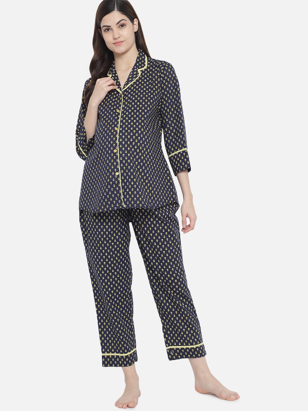 

Aujjessa Women Navy Blue & Yellow Printed Night suit