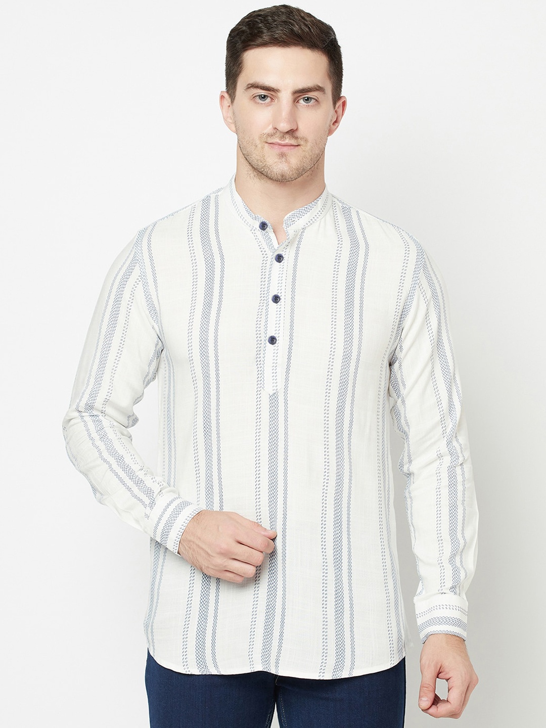 

Purple State Men White & Blue Striped Short Kurta