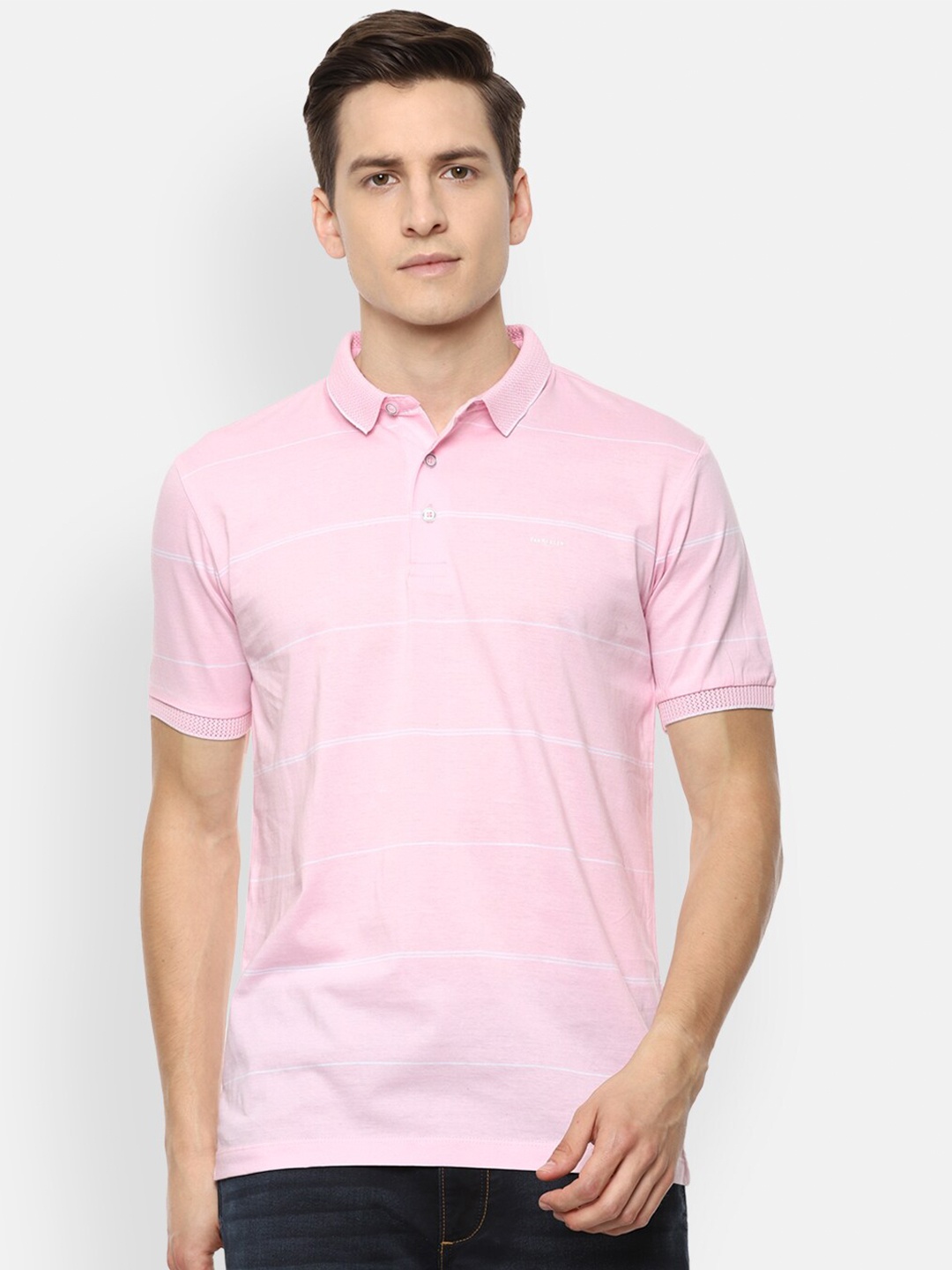 

Van Heusen Men Pink Striped Polo Collar T-shirt