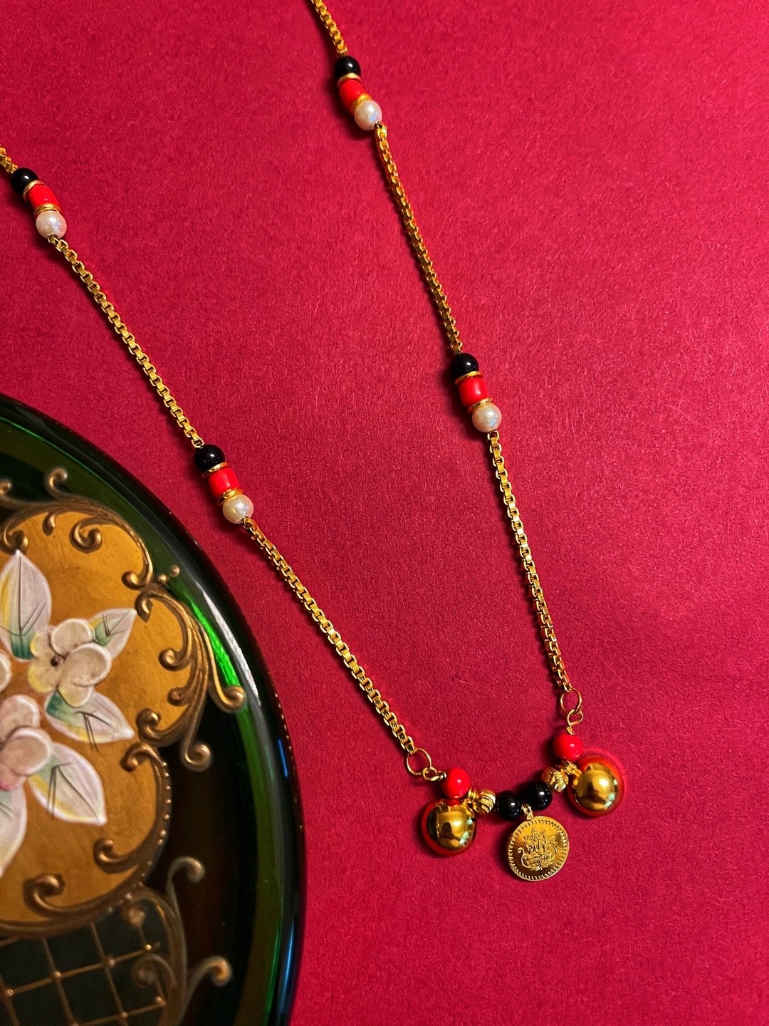 

Digital Dress Room Gold-Plated Black & Red Beaded Mangalsutra