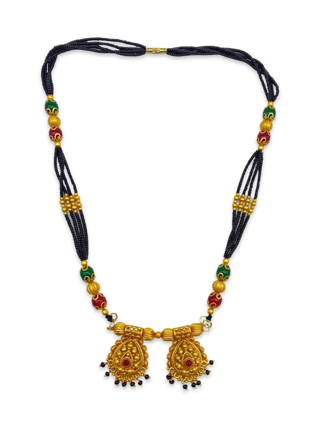 

Digital Dress Room Gold-Plated Black & Red Beaded & Stone-Studded Mangalsutra