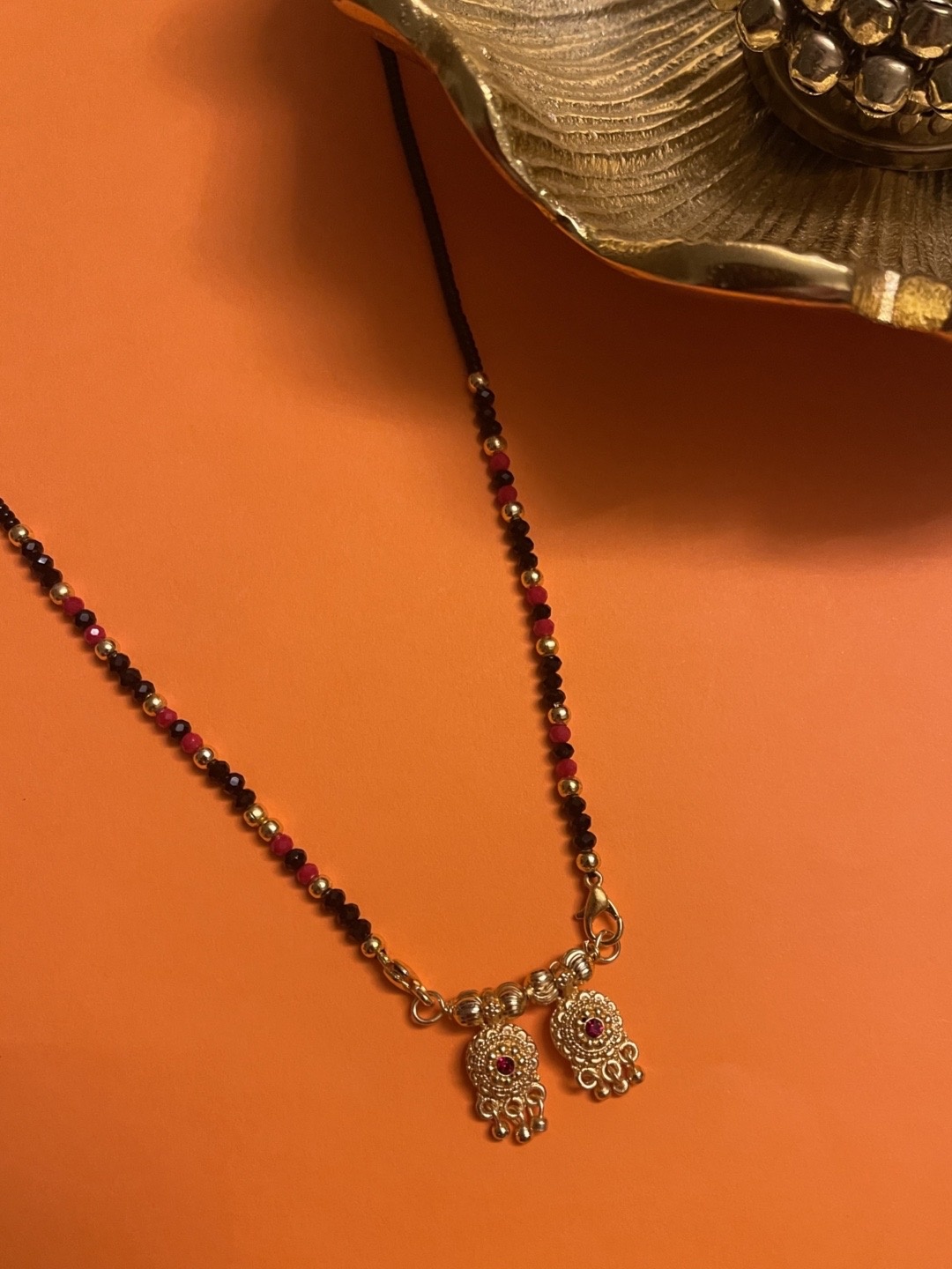 

Digital Dress Room Gold-Plated Black & Red Beaded & Stone-Studded Mangalsutra