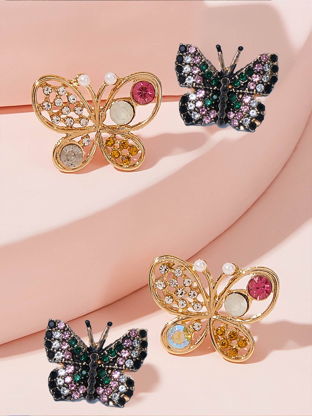 

OOMPH Set Of 2 Black & Pink Animal Shaped Studs Earrings