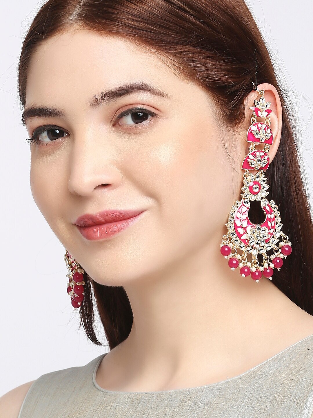 

OOMPH Pink & White Floral Meenakari Chandbalis Earrings