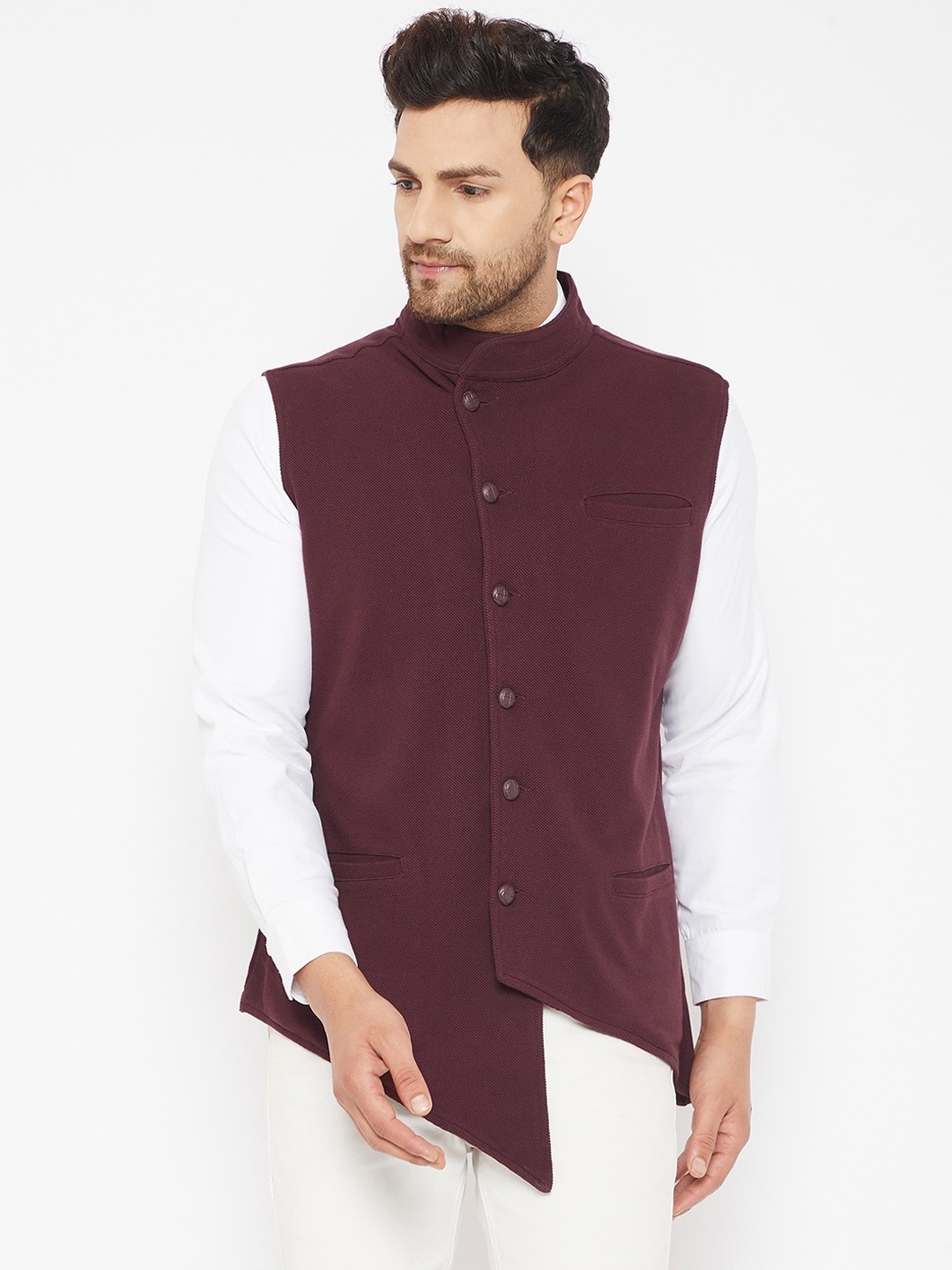 

Hypernation Men Burgundy Cotton Knitted Waistcoat