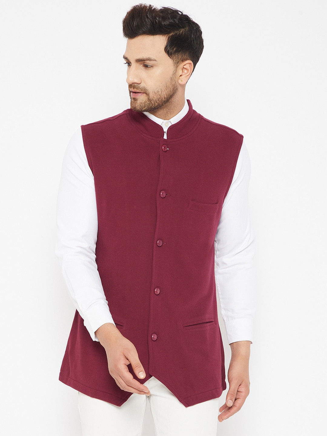 

Hypernation Men Maroon Solid Pure Cotton Waistcoat