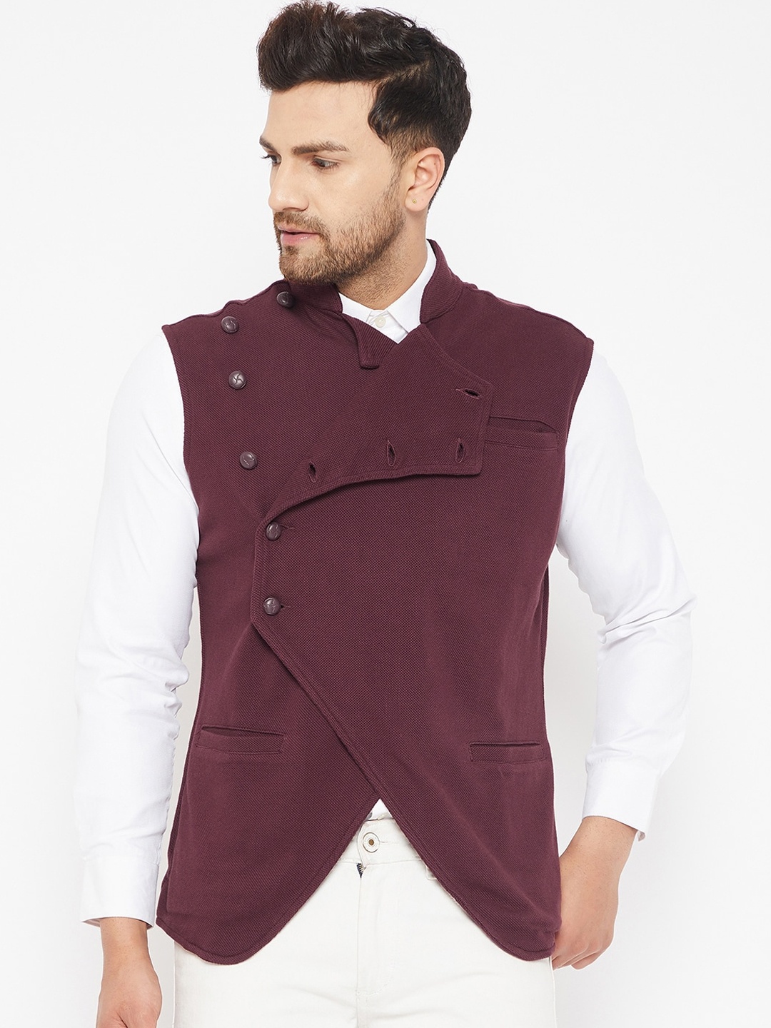 

Hypernation Men Burgundy Solid Pure Cotton Nehru Jacket