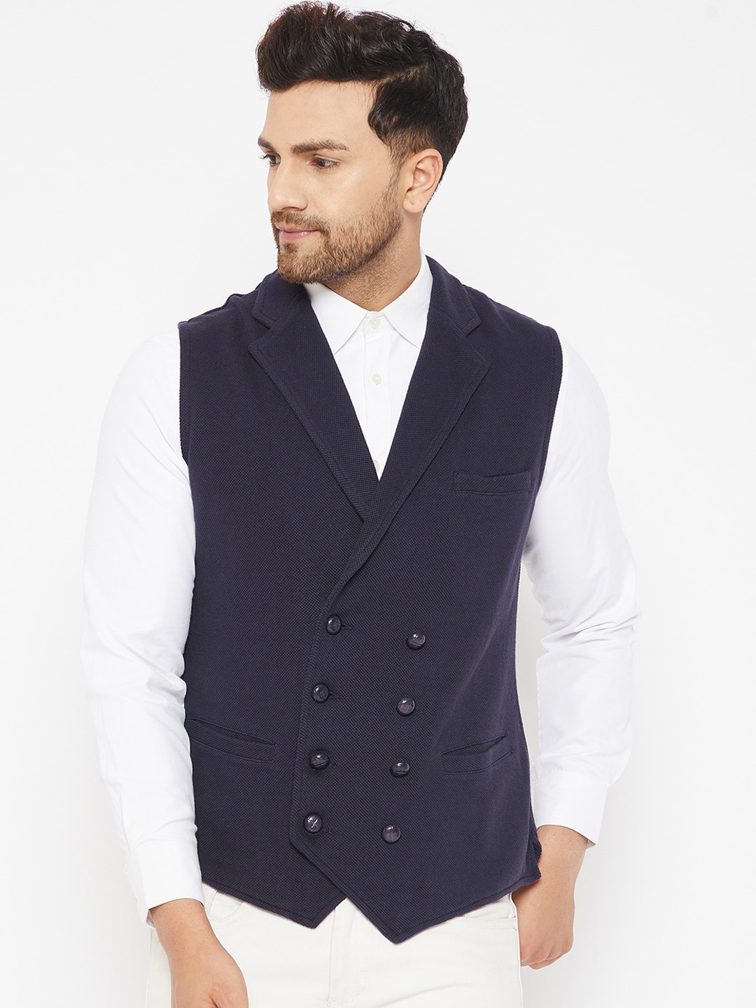 

Hypernation Men Navy Blue Solid Pure Cotton Waistcoat