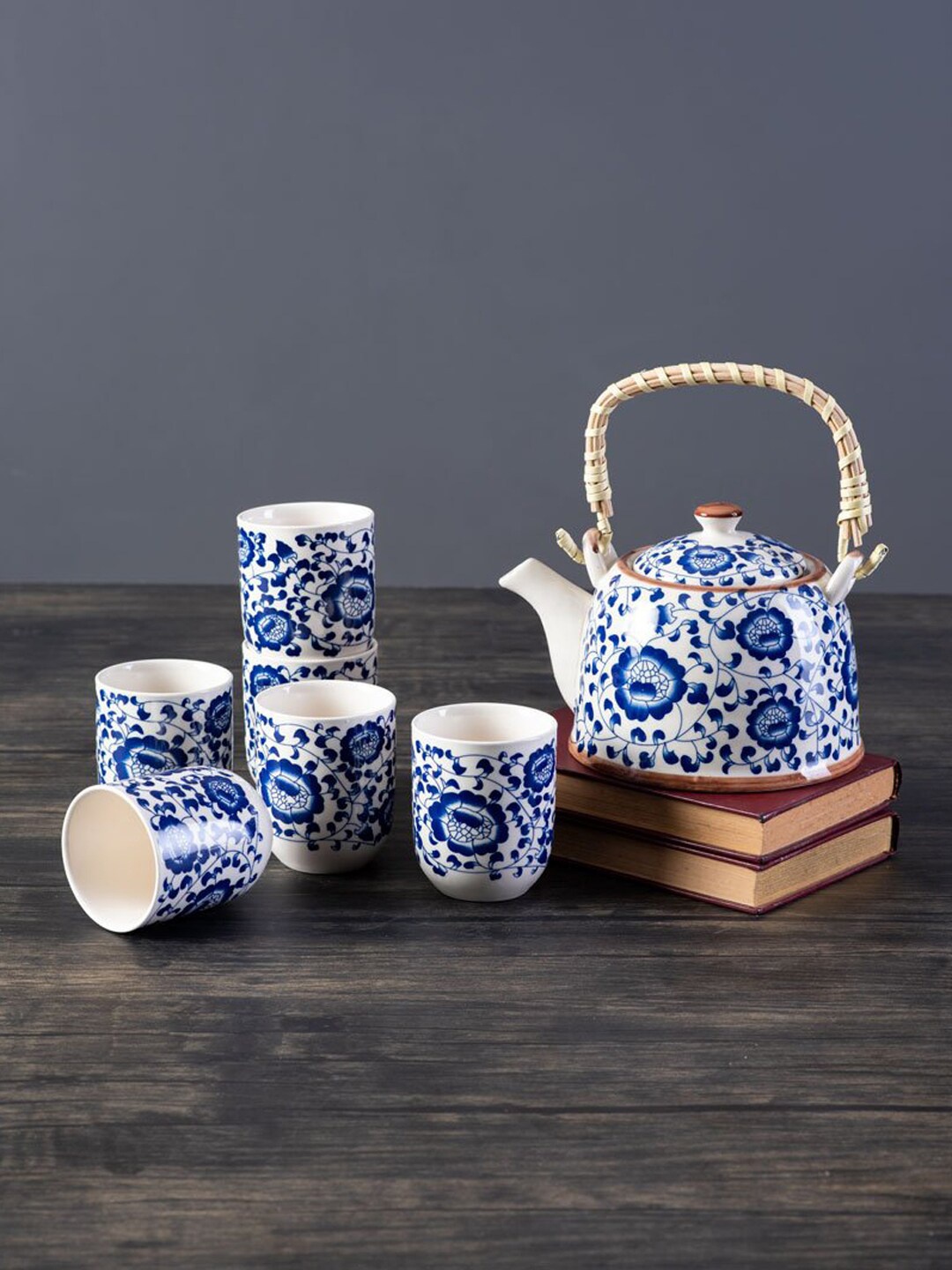 

THEDECORKART White & Blue Printed Ceramic Glossy Kettle Set of Cups and Mugs