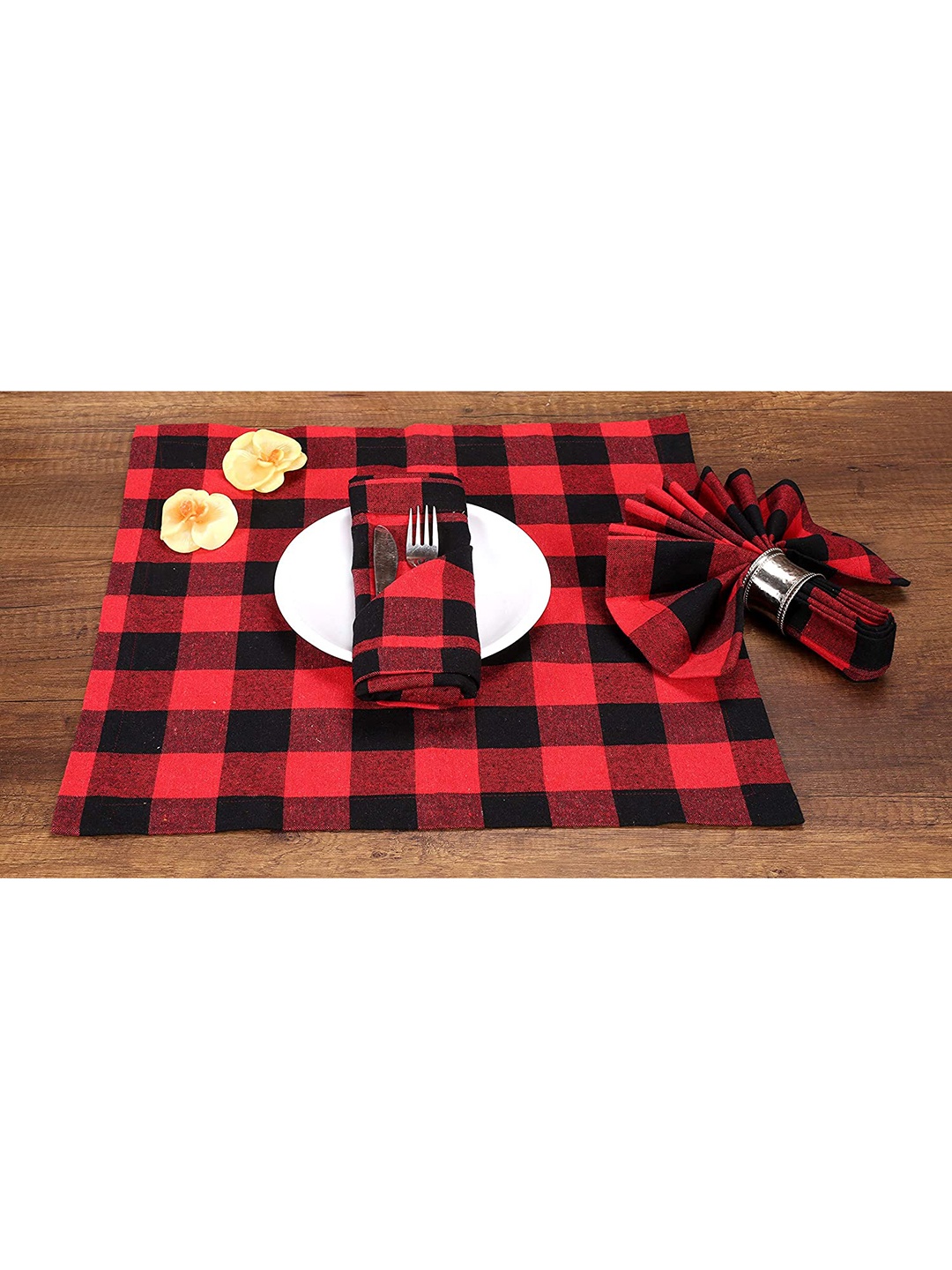 

Lushomes Set Of 6 Red & Black Checked Cotton Table Napkins