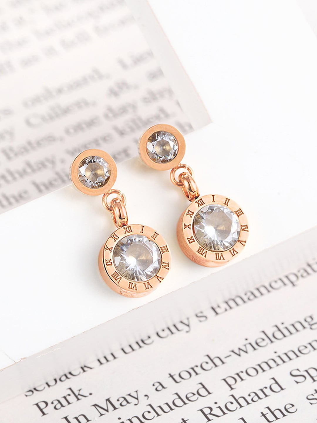 

Yellow Chimes Rose-Gold-Toned & White Crystal-Studded Circular Drop Earrings