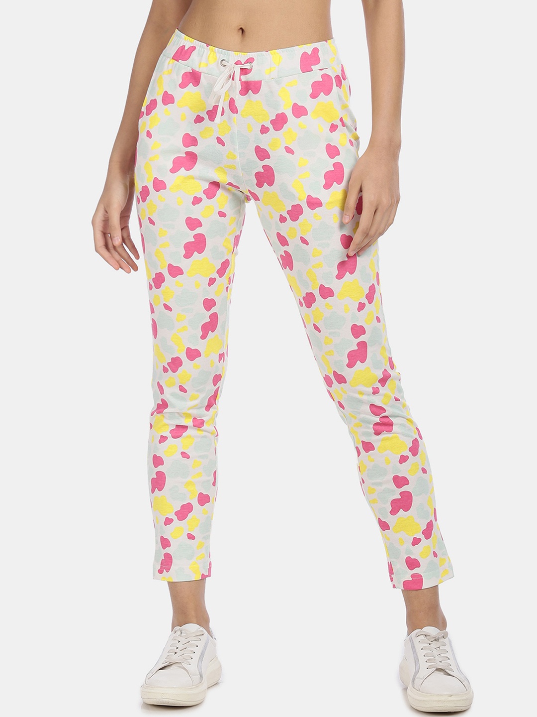 

Sugr Women White & Pink Printed Pure Cotton Straight-Fit Track Pants