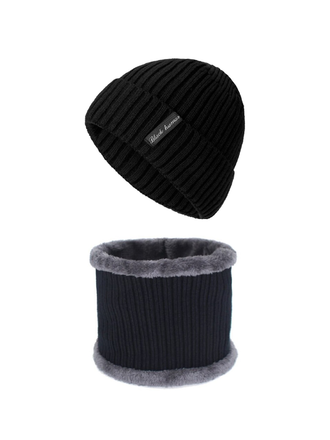 

iSWEVEN Unisex Black Woolen Beanie with Neck Warmer Scarf