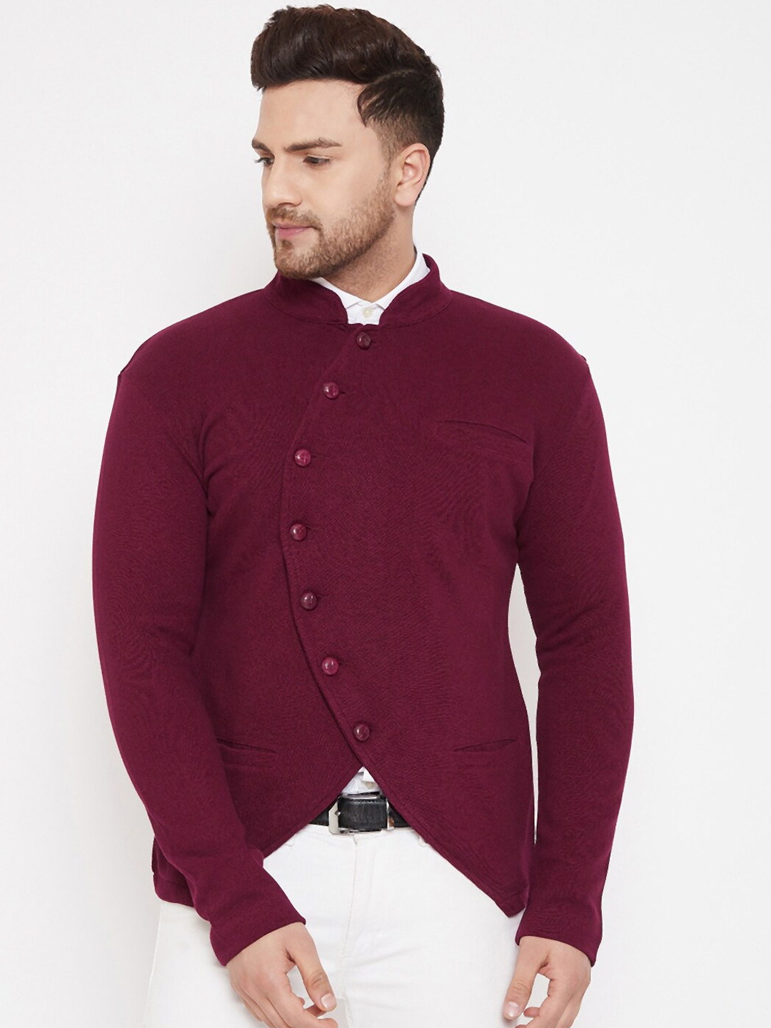 

Hypernation Men Maroon Solid Pure Cotton Blazer