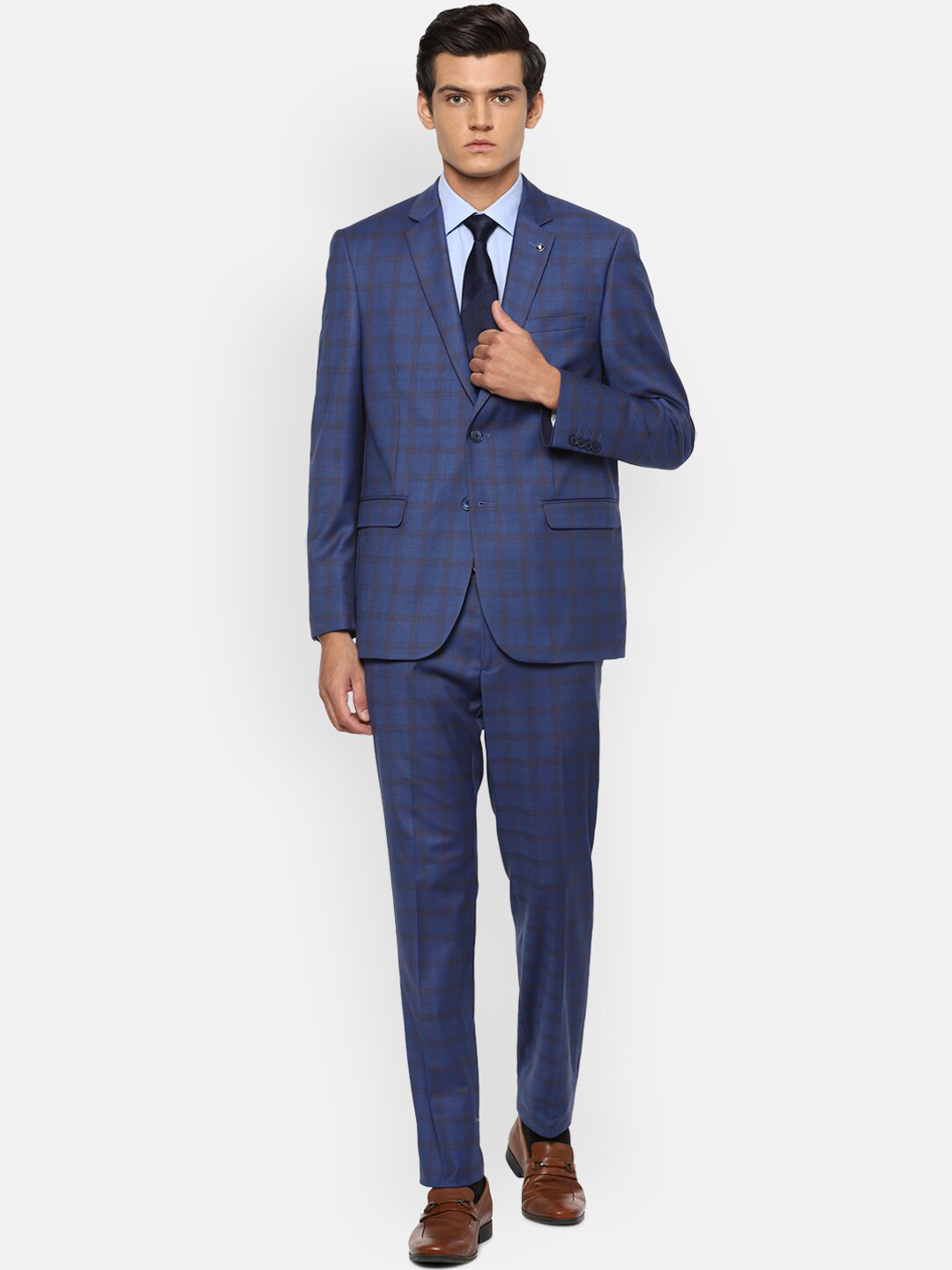 

Van Heusen Men Navy Blue Checked Single-Breasted Slim-Fit Three-Piece Suit