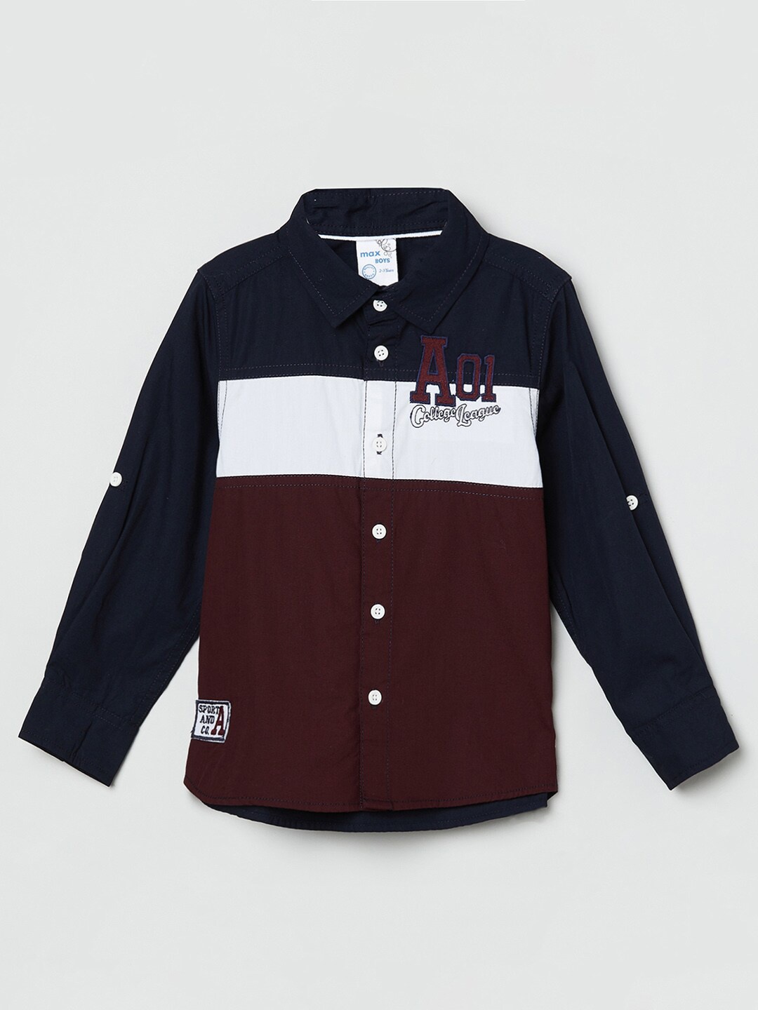 

max Boys Navy Blue & Maroon Colourblocked Opaque Pure Cotton Casual Shirt
