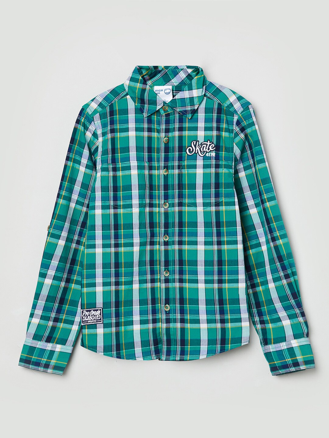 

max Boys Green Tartan Checks Pure Cotton Checked Casual Shirt