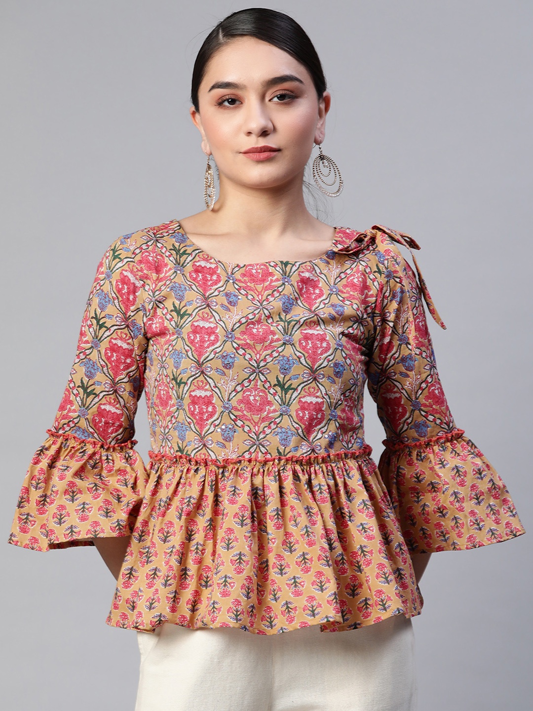 

Vasudha Women Mustard Yellow & Pink Cotton Floral Print Peplum Top