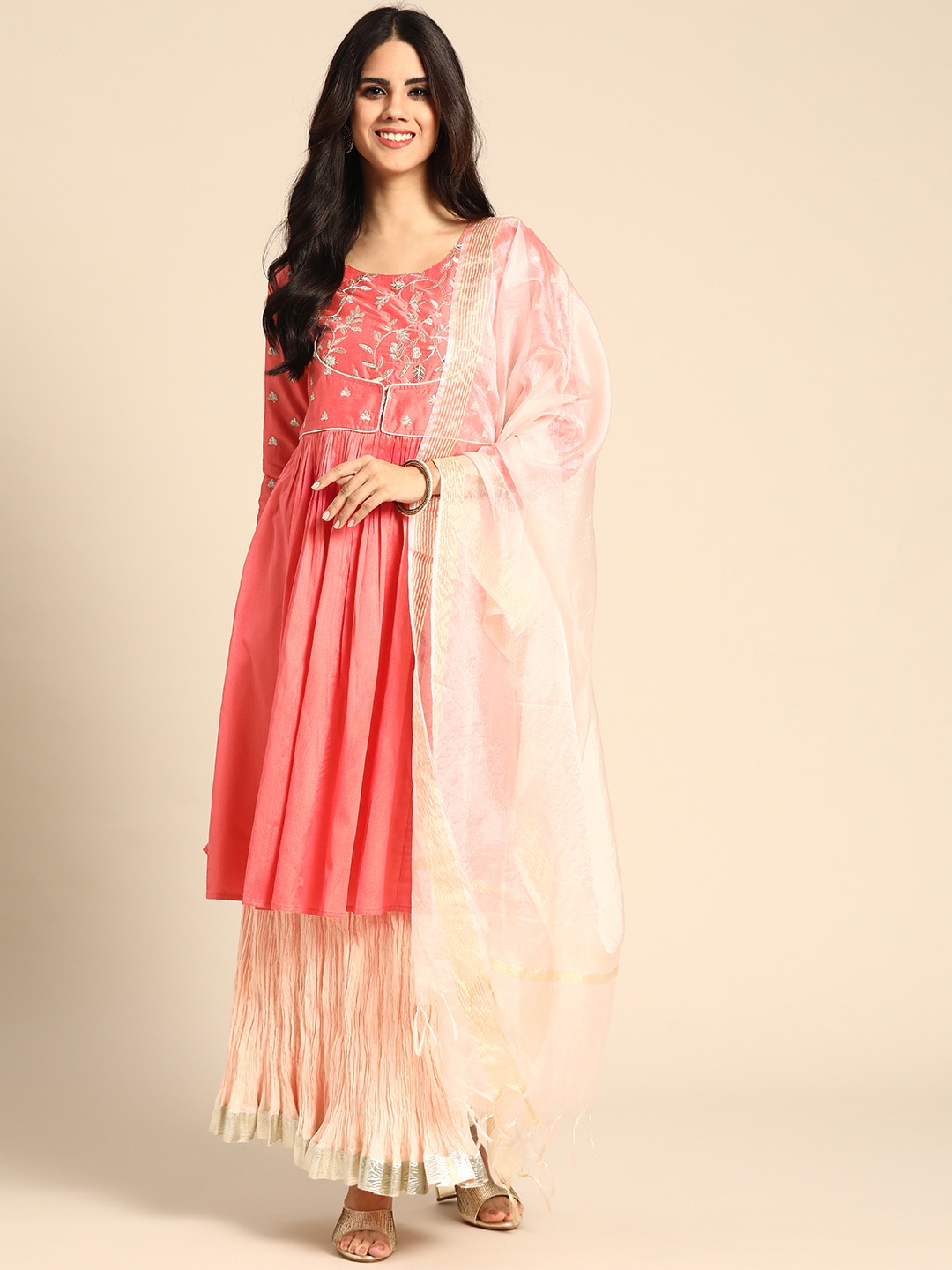 

anayna Women Pink & Peach-Coloured Yoke Embroidered Pleated Kurta with Skirt & Dupatta