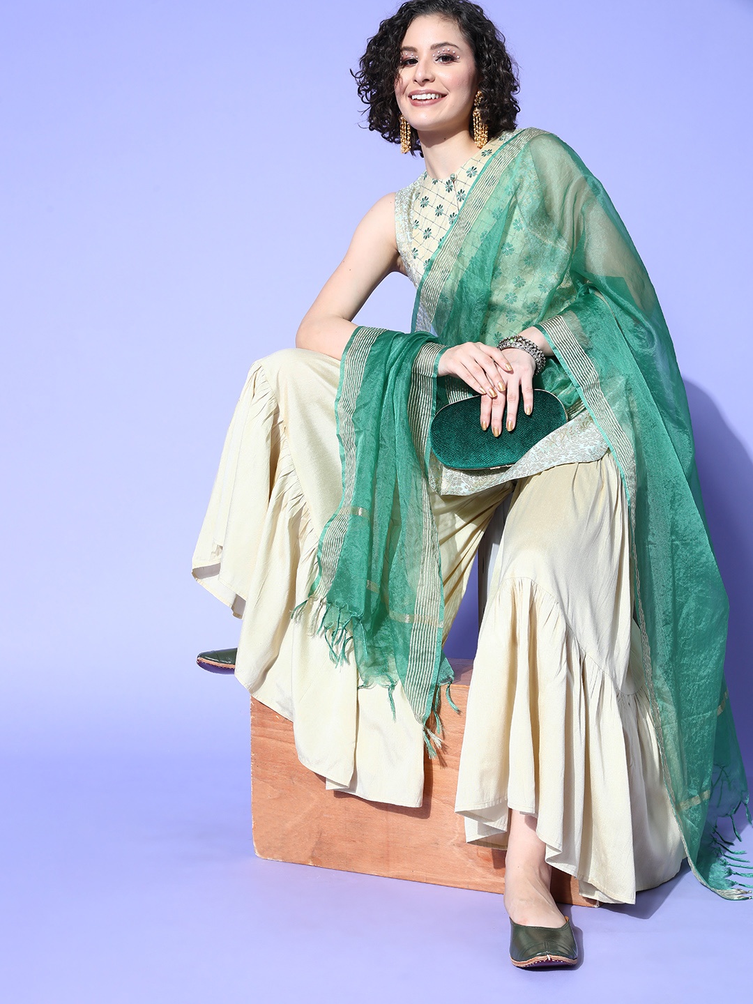 

anayna Women Ethnic Motifs Silk Blend Ethereal Embroidery Kurta Set, Cream