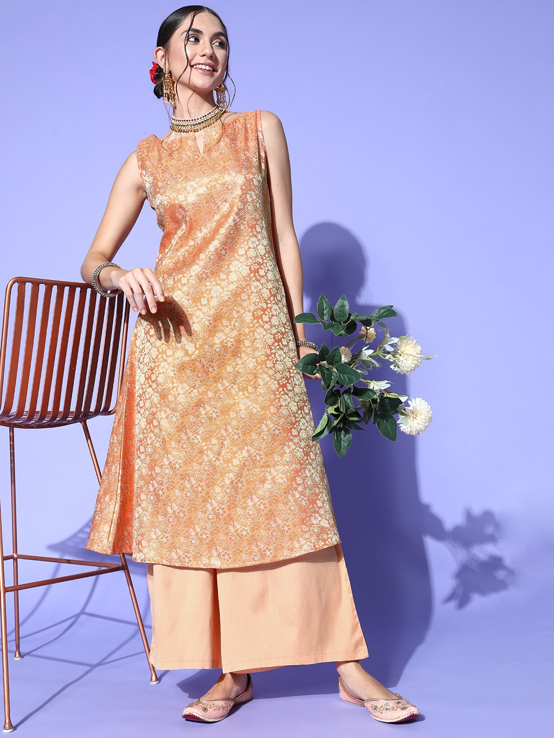 

anayna Women Ethnic Motifs Silk Blend Ethereal Embroidery Kurta Set, Peach