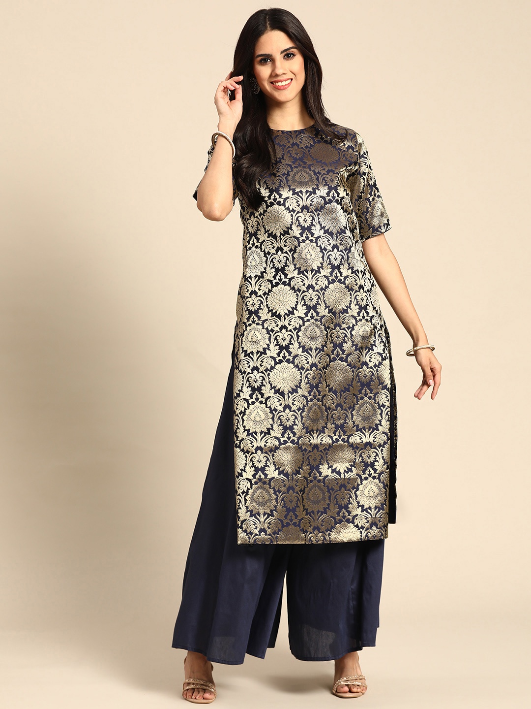 

anayna Women Navy Blue & Golden Ethnic Motifs Brocade Woven Design Kurta with Palazzos