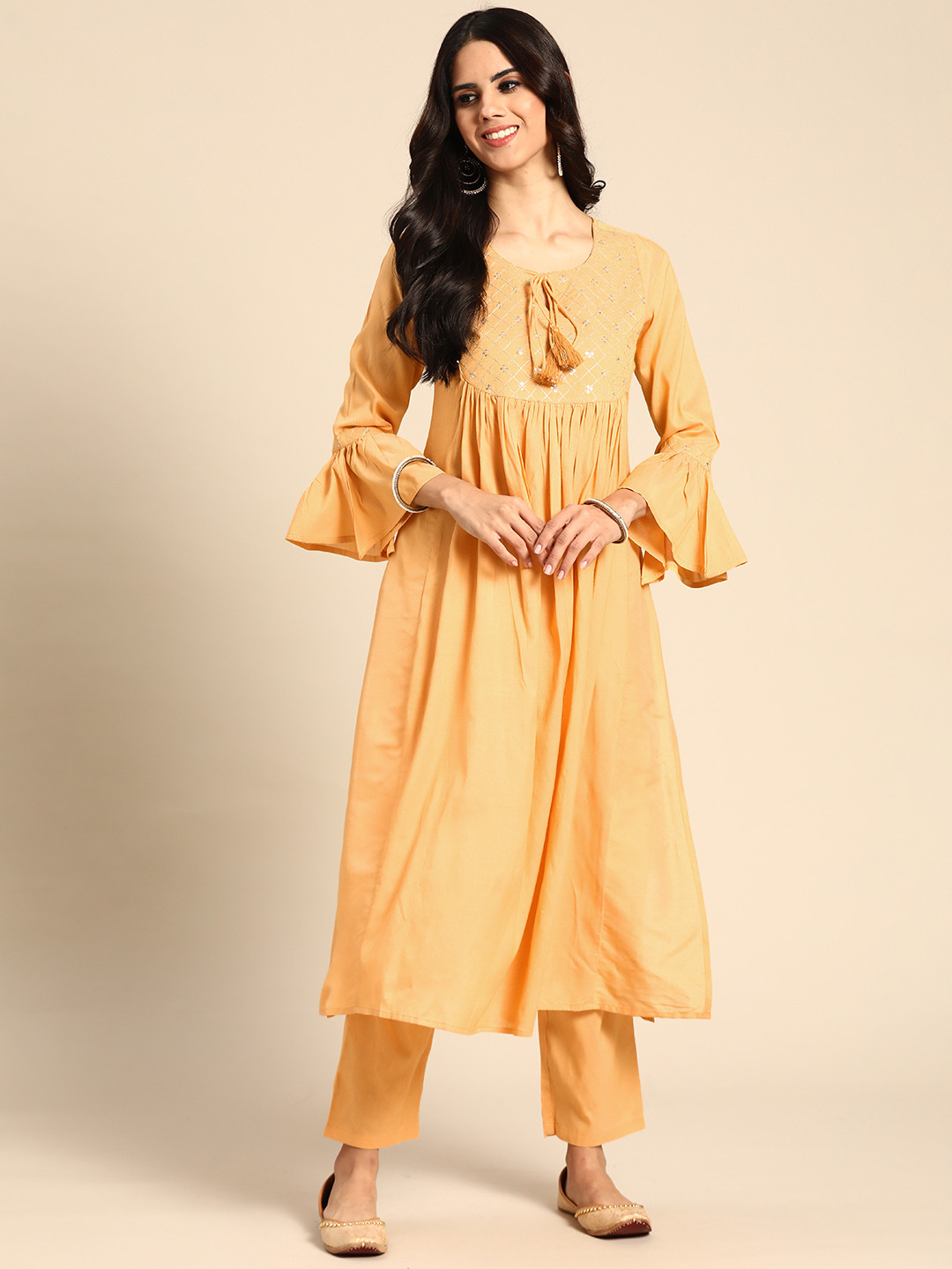 

anayna Women Yellow Yoke Design Pleated Sequinned Kurta with Trousers