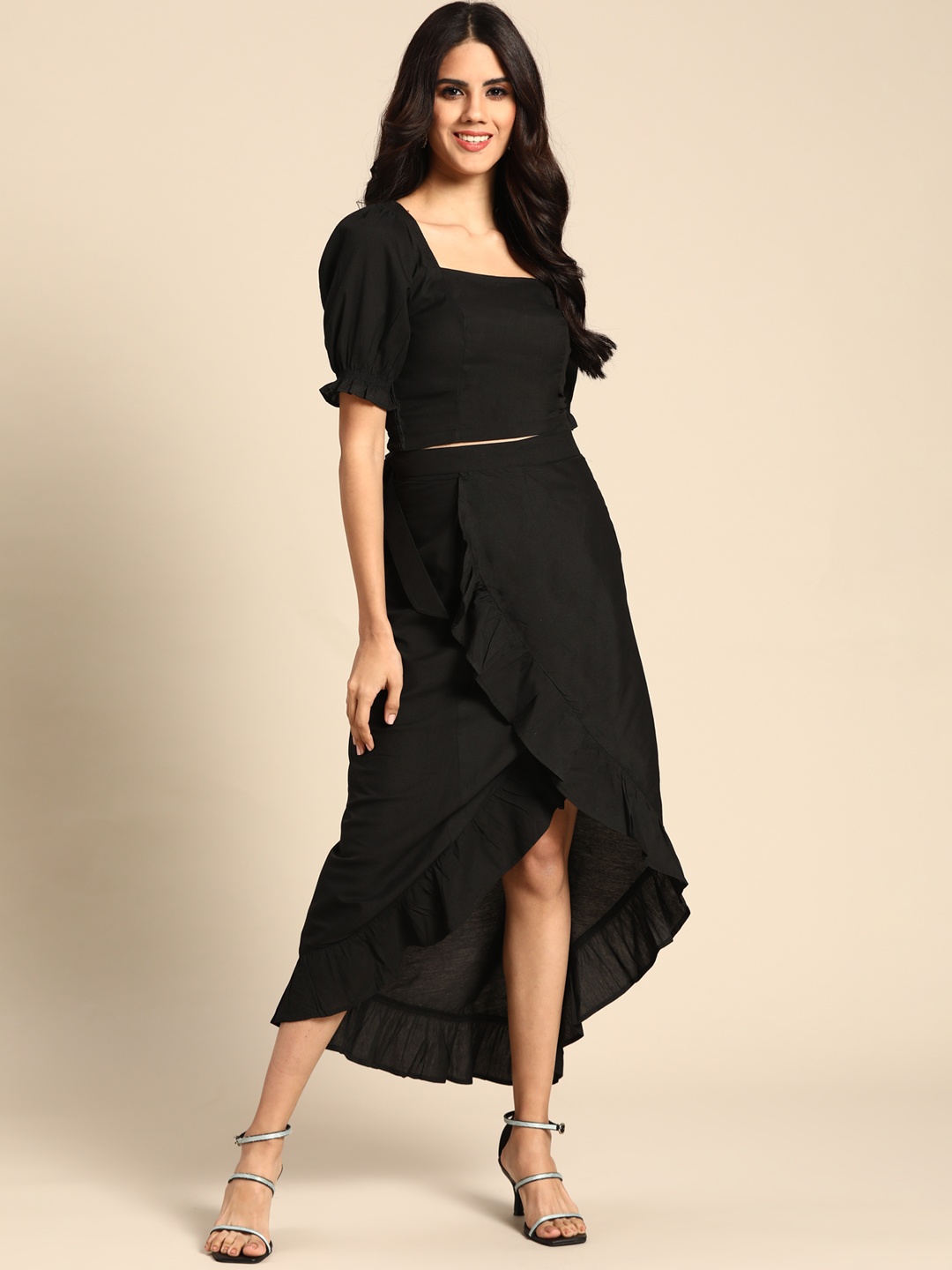 

Anayna Women Black Solid Balloon Sleeves Top With Ruffled Wrap Skirt