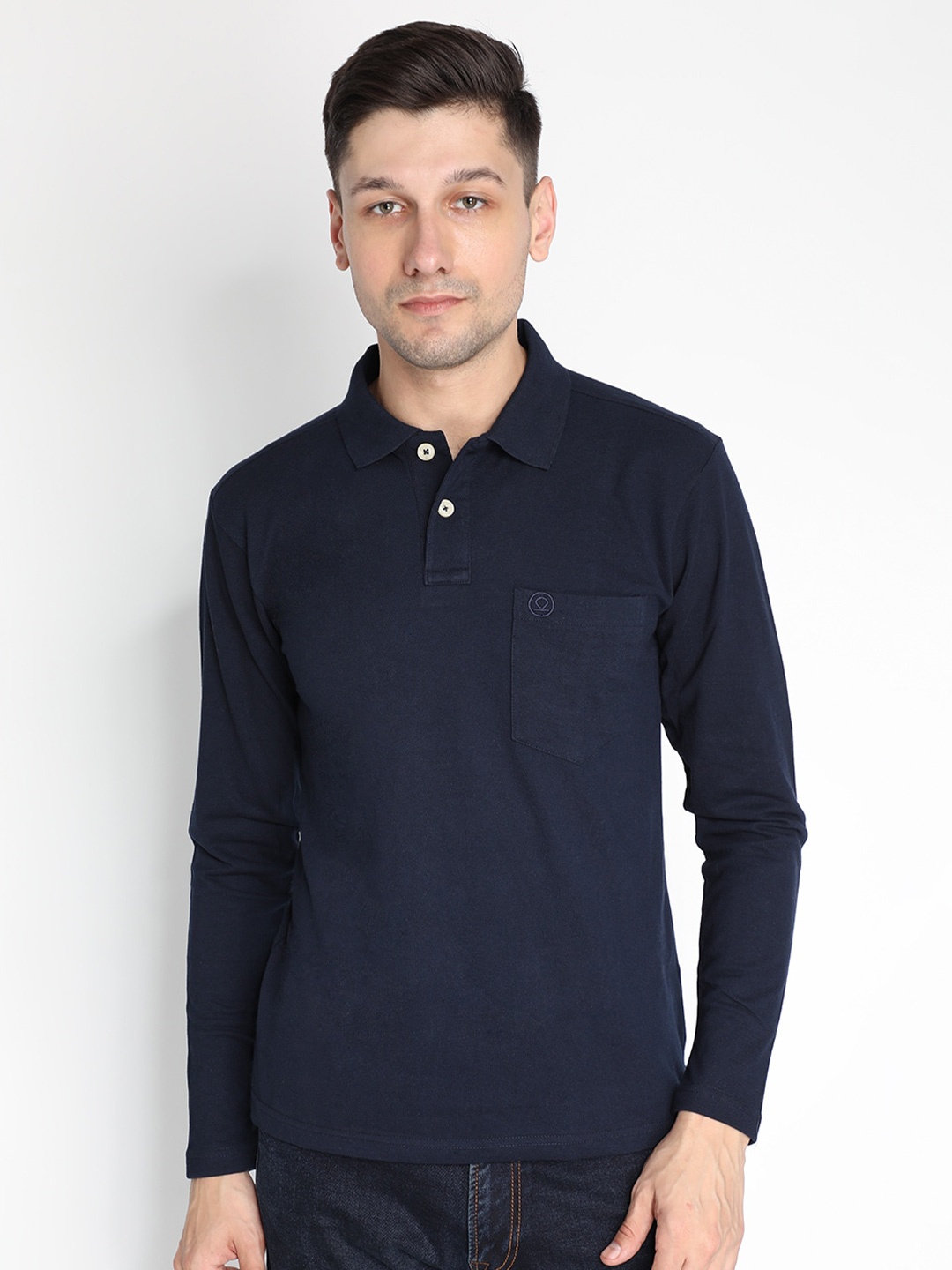

CHKOKKO Men Navy Blue Polo Collar Pocket Outdoor T-shirt