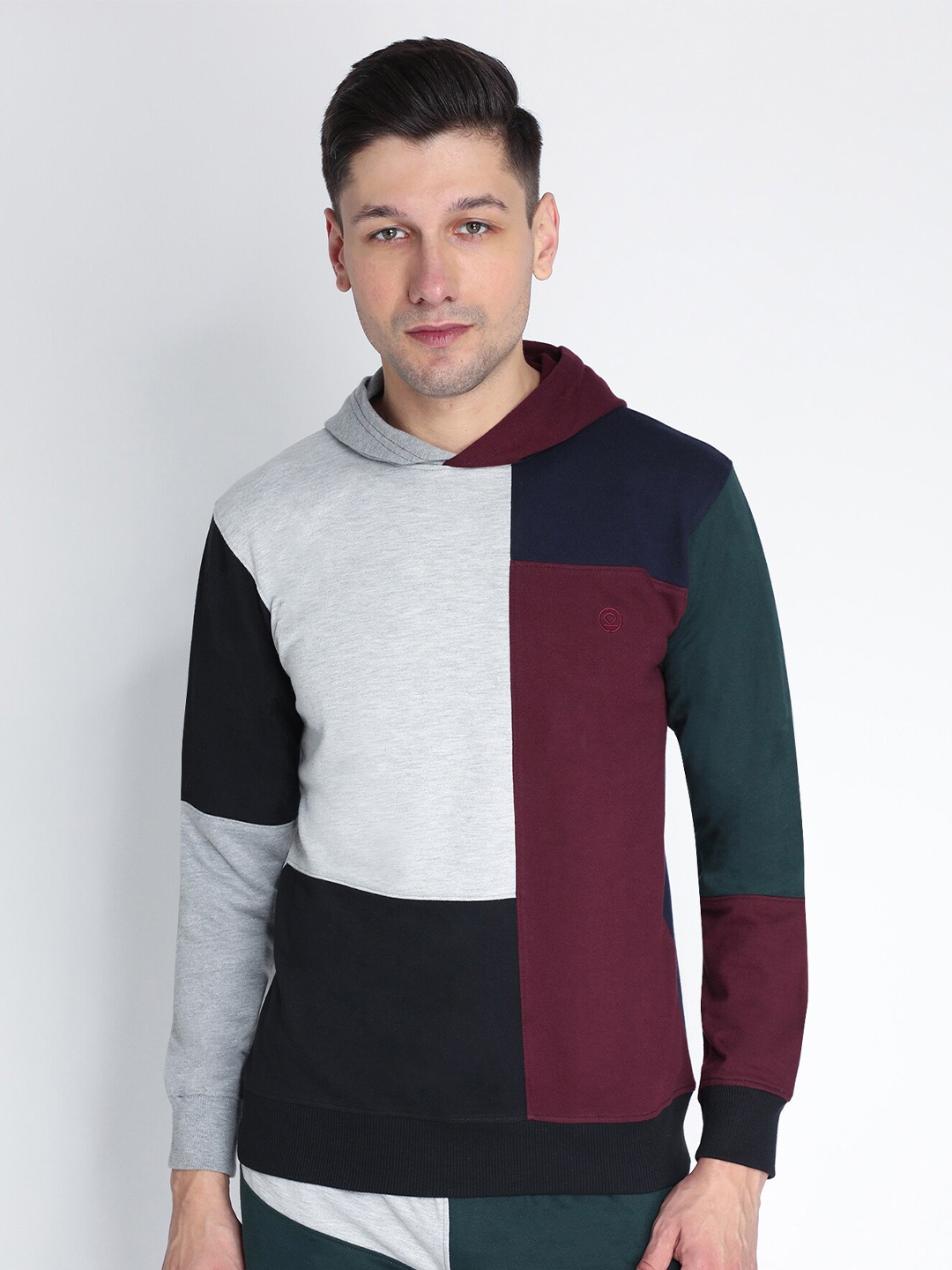 

CHKOKKO Men Grey Colourblocked Hooded Sweatshirt