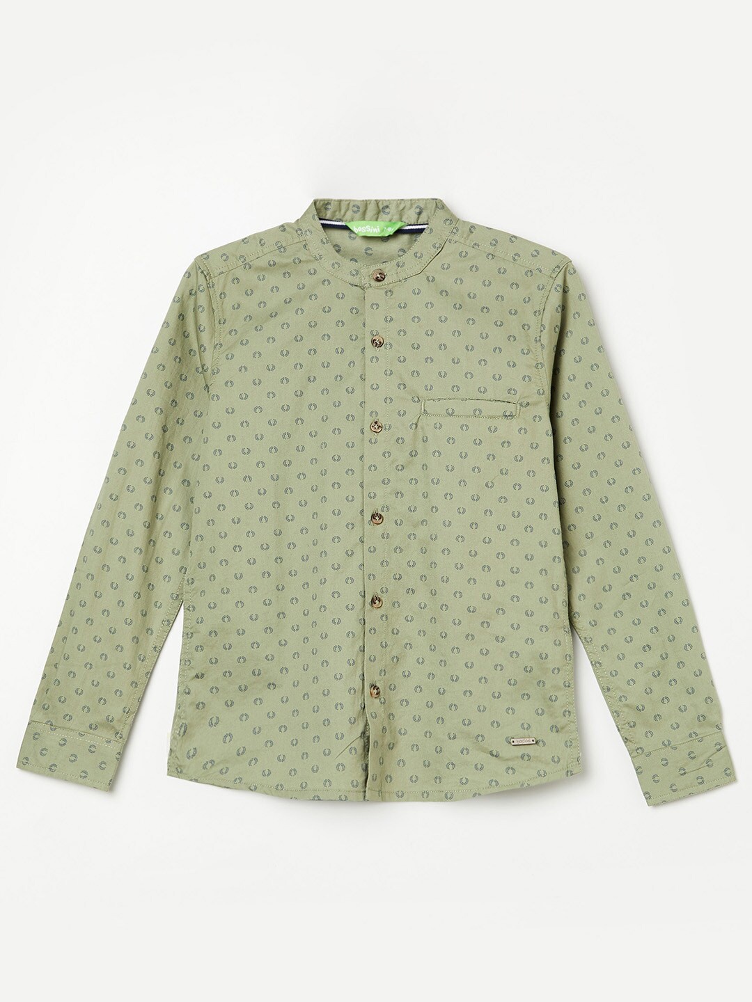 

Bossini Boys Olive Green Opaque Printed Cotton Casual Shirt