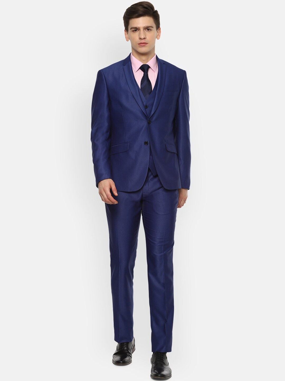 

V Dot Men Navy Blue Self-Design Slim-Fit Single-Breasted 3-Piece Formal Suit